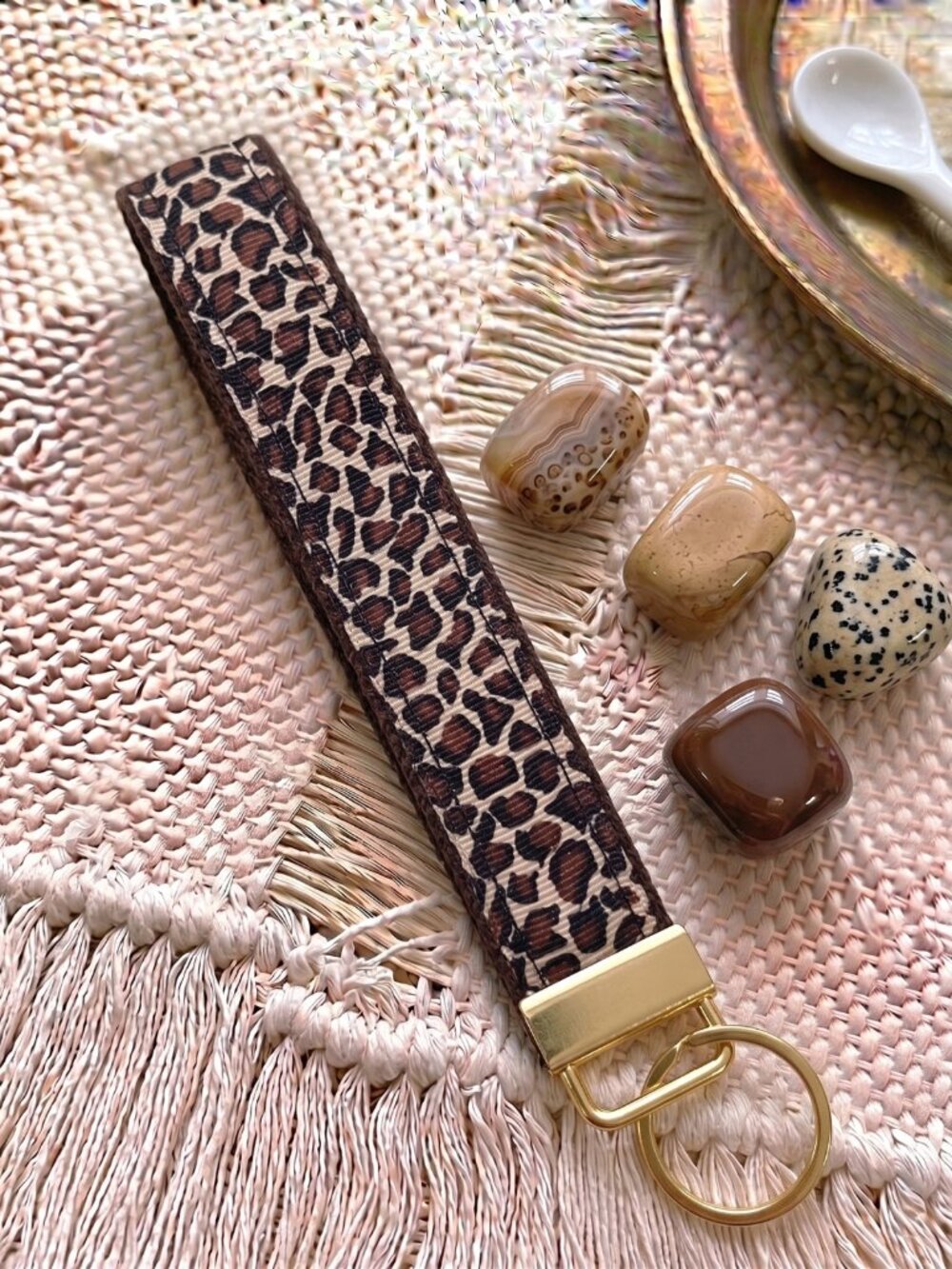 New Handmade Classic Brown Leopard Cheetah Ribbon Key Fob Wristlet Keychain
